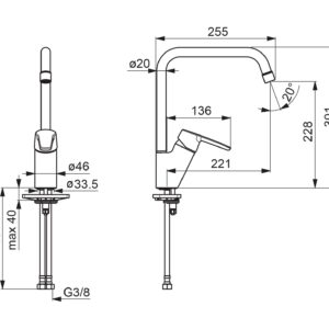 Plautuvės maišytuvas Saga su aukštu snapeliu, pajungimas lanksčiomis žarnelėmis