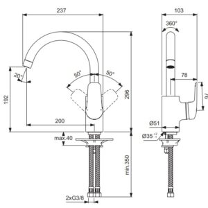 Ideal Standard CERAFLEX plautuvės maišytuvas, CLICK technologija, vandens temperatūros ribojimas, sukiojamas snapas, ch.