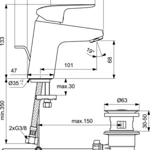 Ideal Standard CERAFLEX praustuvo maišytuvas su plastikiniu dugno vožtuvu, 5 l/min, chromas