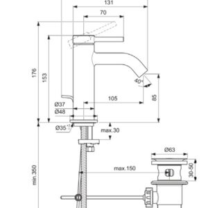 Ideal Standard CERALINE Nuovo H85 maišytuvas praustuvui su metaliniu dugno vožtuvu, 3,8 l/min, chromas