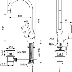 Ideal Standard Ceraline aukštas maišytuvas su dugno vožtuvu, 5 l/min, karšto vandens ribotuvas, chromas