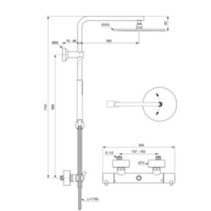 Ideal Standard T125 termostatinė dušo sistema su apvalia metaline 300 mm pagrindinė dušo galva, rankinis dušas „stick”,