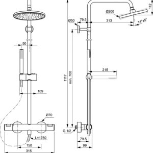 Ideal Standard dušo sistema Idealrain Ceratherm T25, apvali Ø200 mm dušo galva, rankinis dušas „stick”, matinė juoda