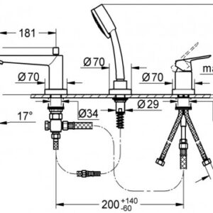 Maišytuvas voniai BAUEDGE  3 dalių iš vonios krašto, chromas