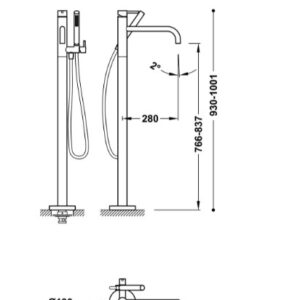 Maišytuvas voniai iš grindų STUDY EXCLUSIVE, su dušo komplektu, nerūdyjančio plieno spalva