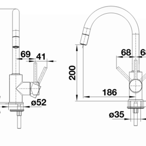Plautuvės maišytuvas BLANCOMIDA-S su ištraukiama žarnele, aliuminio metalinė spalva