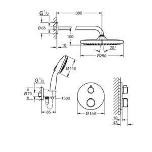Potinkinė termostatinė dušo sistema Grohtherm Tempesta 250 dušo galva, be potinkinės d (35604000 užs.papildomai), chromo