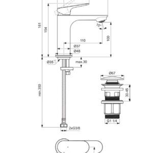 Praustuvo maišytuvas Ideal Standard CeraLife O H100  su „click-clack“ dugno vožtuvu, 3,8 l/min, matinė juoda