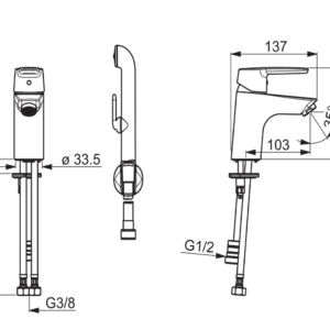Praustuvo maišytuvas Saga su Bidetta rankiniu dušeliu be d.v., pajungimas lanksčiomis žarnelėmis