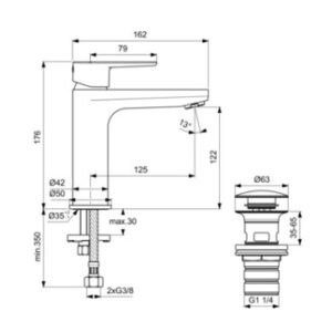 Praustuvo maišytuvas paaukštintas Ideal Standard CERAFINE O  su click – clack dugno vožtuvu, 5l/min,vario sp.