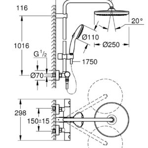 Termostatinė dušo sistema Tempesta Cosmo 250  (stac. galva Ø250, alkūnė 390mm, 2`jų srovių rankinis dušas), chromas