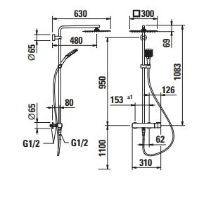 Termostatinis dušo maišytuvas, lietaus gal. 300×300 mm, rankinis dušas MyCity120, chromas